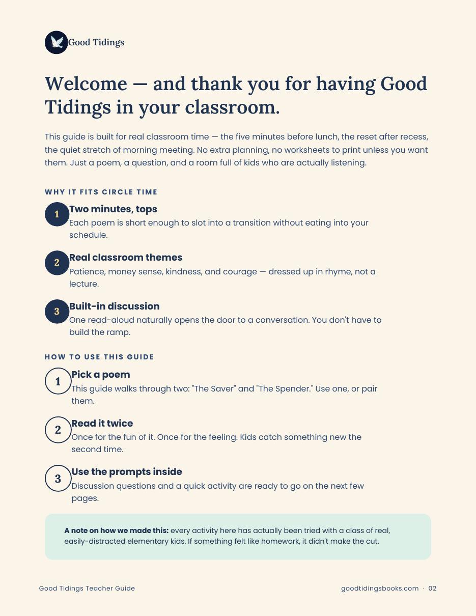 Good Tidings Teacher's Guide — page 2 of 6