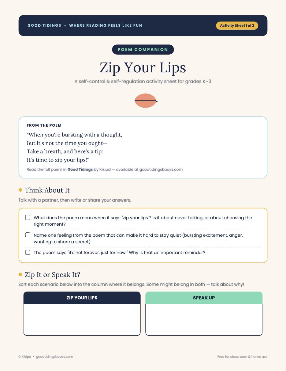 Zip Your Lips Activity Sheet — page 1 of 2