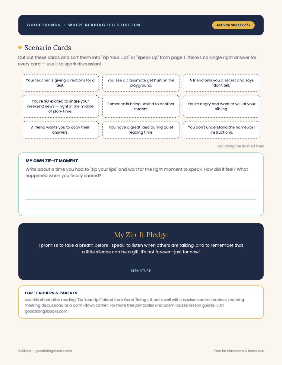 Zip Your Lips Activity Sheet — page 2 of 2