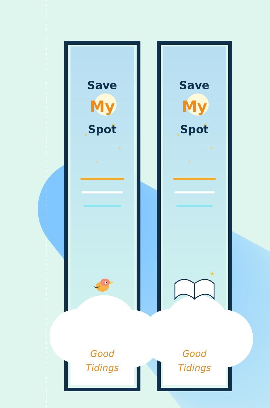 Preview of the Good Tidings printable bookmarks: two matching 'Save My Spot' bookmarks on a soft sky-blue background with a small bird, an open book, stars, and a cloud, with a dashed cut line down the middle. 'Good Tidings' is printed at the bottom of each.