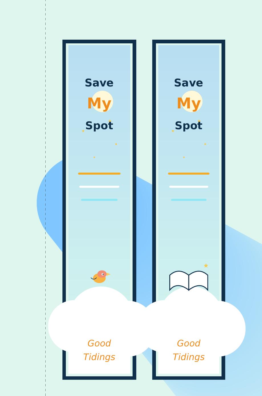 Preview of the Good Tidings printable bookmarks: two matching 'Save My Spot' bookmarks on a soft sky-blue background with a small bird, an open book, stars, and a cloud, with a dashed cut line down the middle. 'Good Tidings' is printed at the bottom of each.