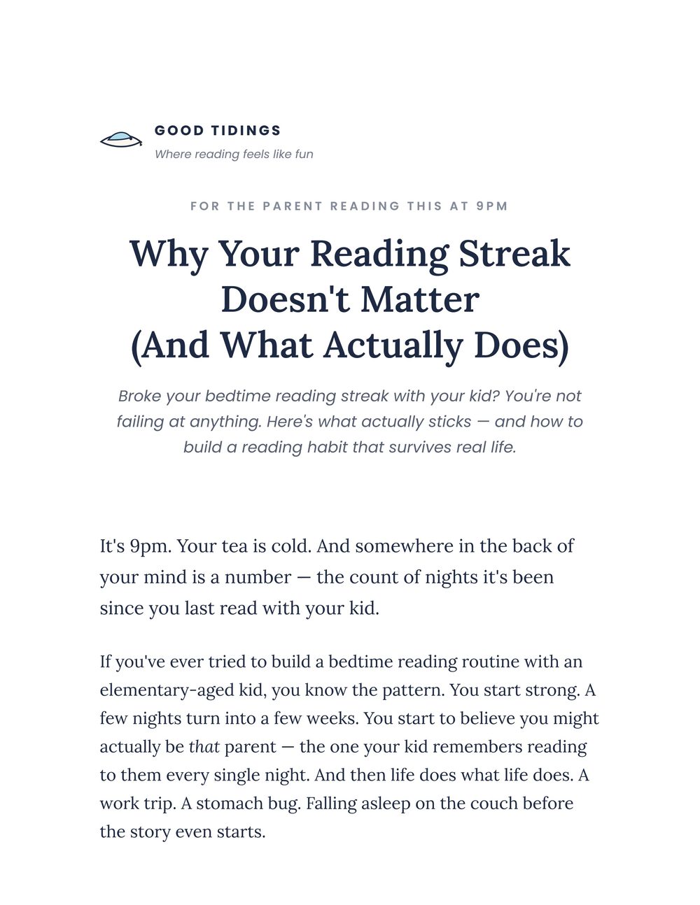 An open book with a bookmark — Good Tidings, where reading feels like fun