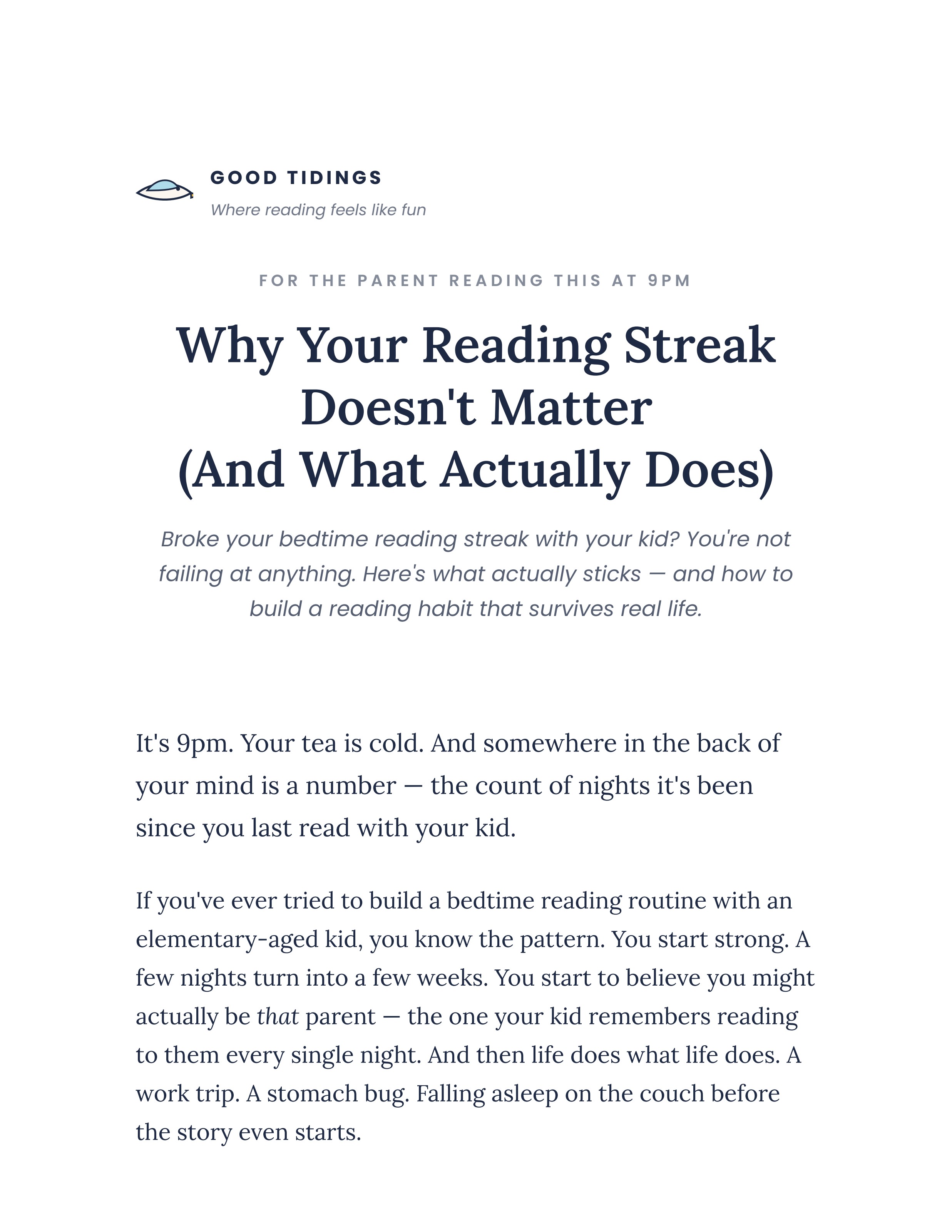 An open book with a bookmark — Good Tidings, where reading feels like fun